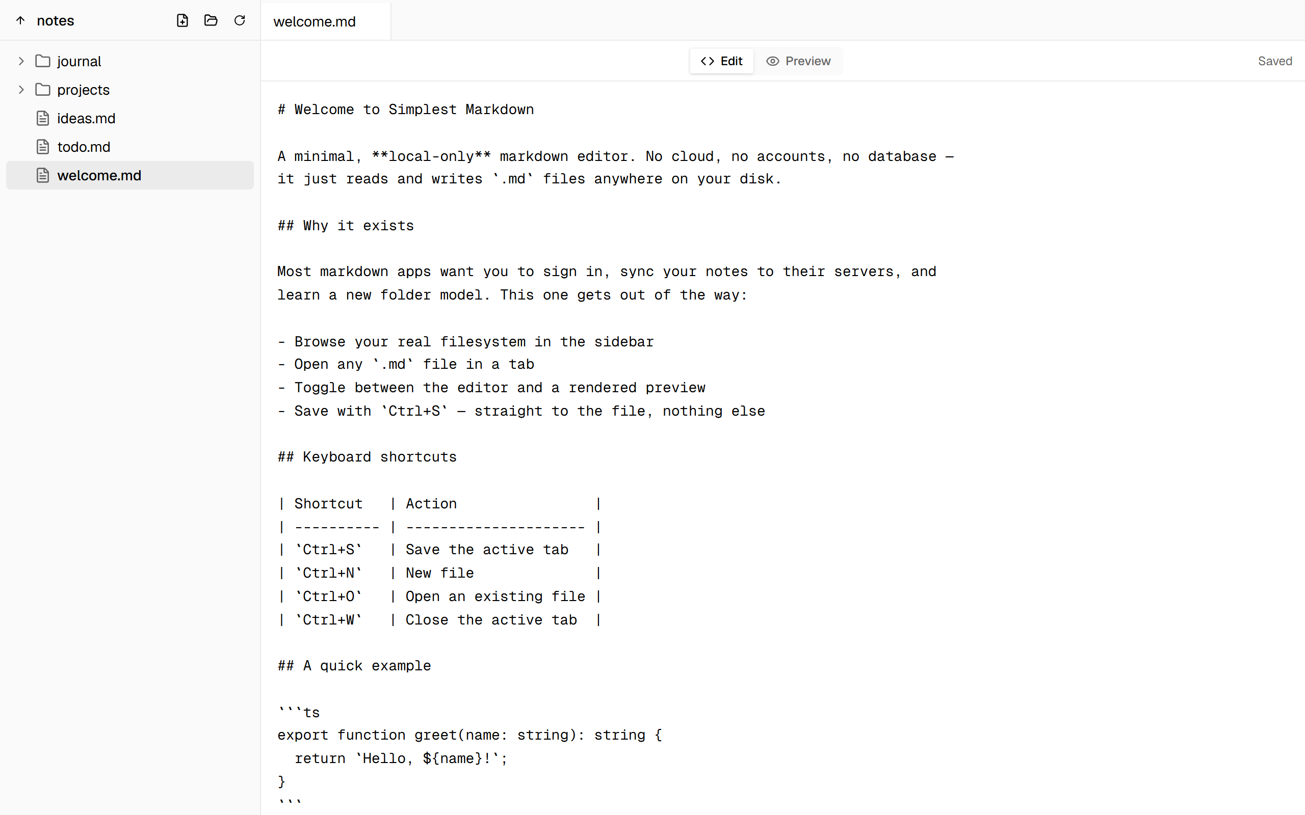 The editor with a file tree on the left listing folders and .md files, and a markdown document open for editing on the right.