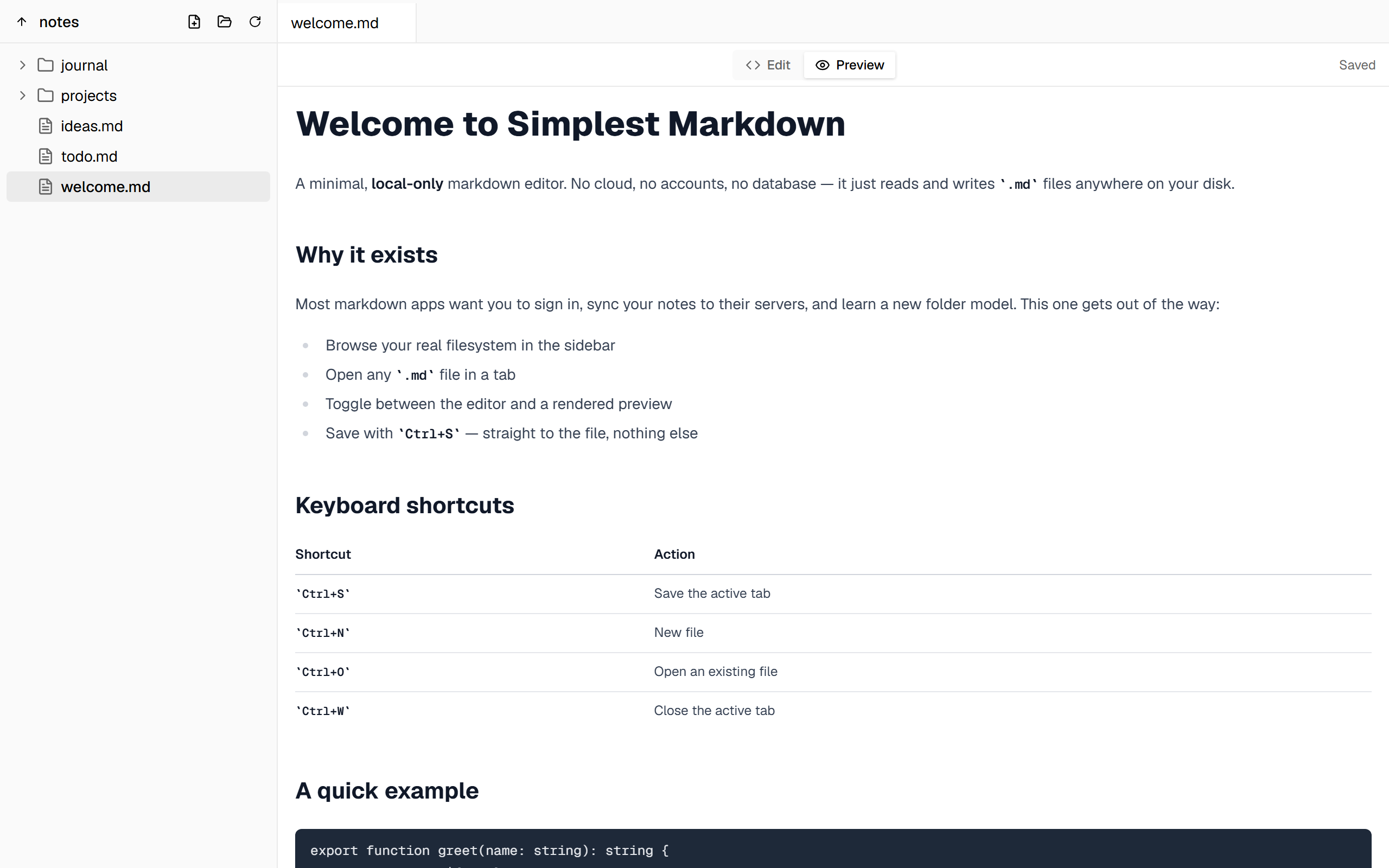 The same document shown as rendered markdown, with headings, a table and a code block.
